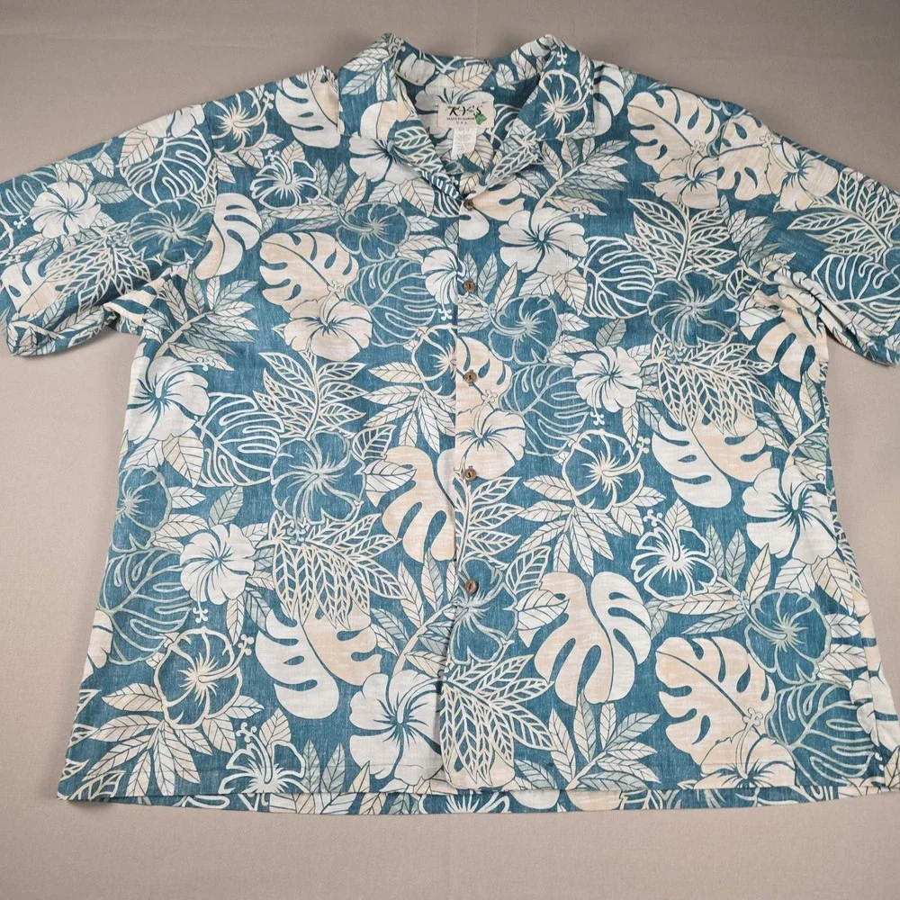 VTG KY's Hawaiian Shirt Mens 2XL Teal Hibiscus Floral Cotton Camp Made in USA
